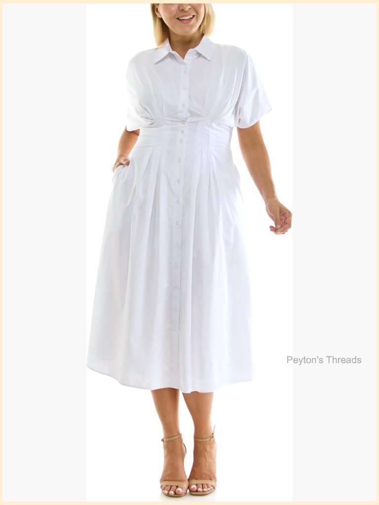 Pintucked Waist Midi Shirtdress With Pockets - Cotton Blend